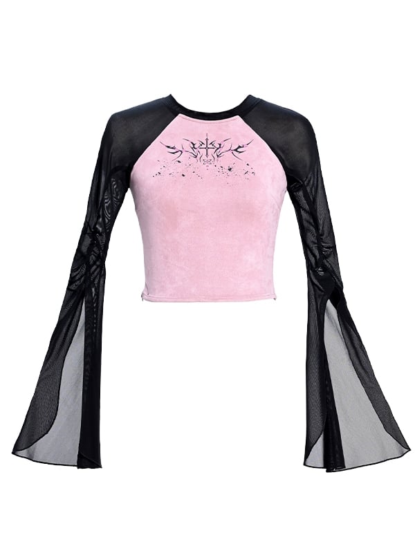 Y2K Thorns Schwarze Tüllärmel Rosa Top Outfit