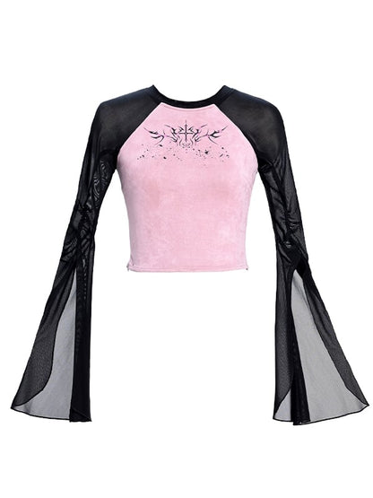 Y2K Thorns Schwarze Tüllärmel Rosa Top Outfit