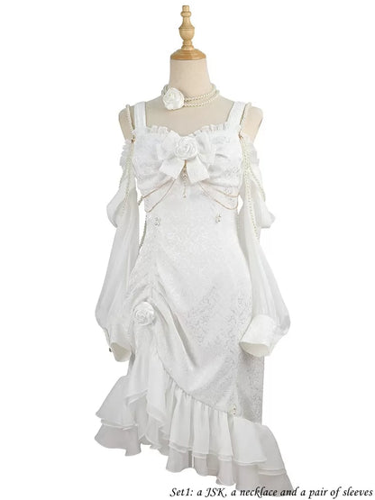 Rosendekoration Jacquard Saum Meerjungfrau Detail Rüschen JSK Weiß Lolita Perle Kamelie