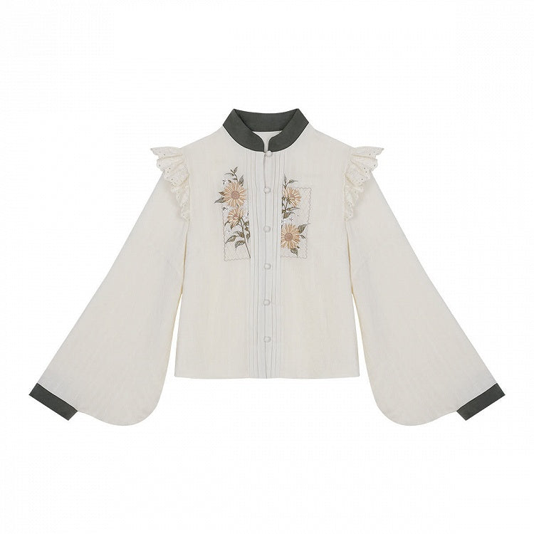 Sunflowers Embroidery Set + Tiered Sunflower Blouse Skirt Green with Charm Beige