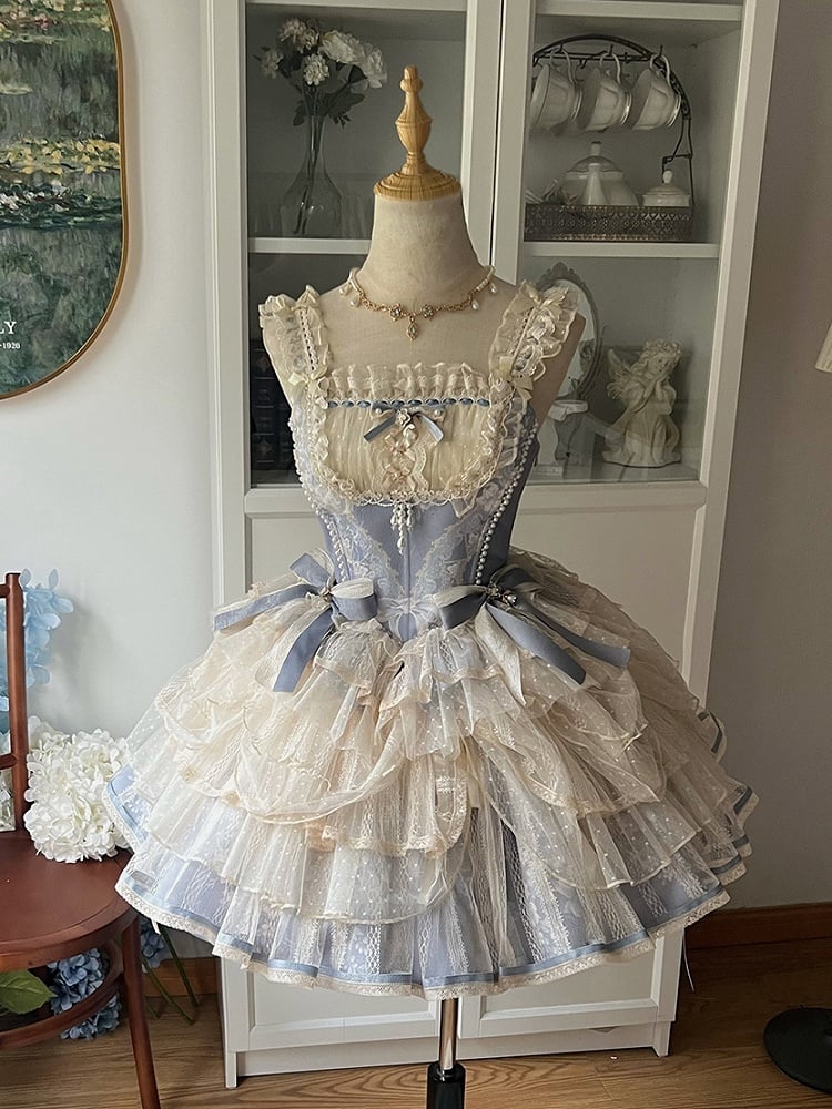 Skirt Corset Blue Boned Balletcore + Print Top Floral Lolita Princess