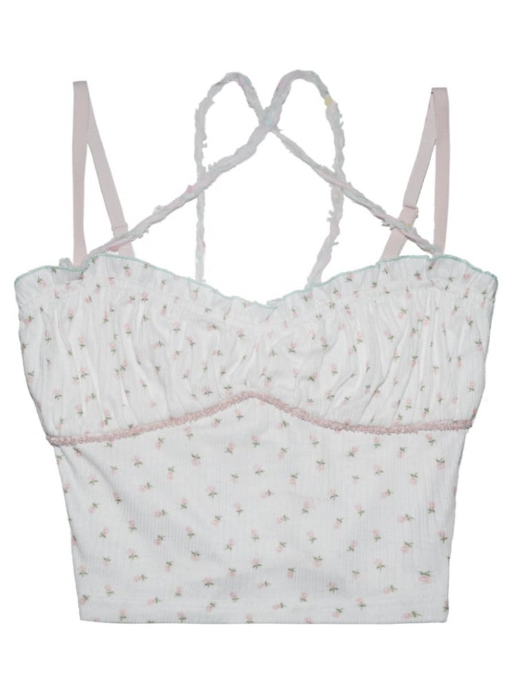 Rosa-blaues Cami-Top mit floralem Rüschenbesatz in Weiß