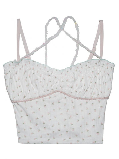 Rosa-blaues Cami-Top mit floralem Rüschenbesatz in Weiß