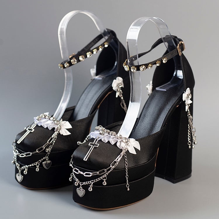 Black High Heels with Buckle Ankle Strap Rhinestone Cross Detachable Chain Size 40 - Hexagram