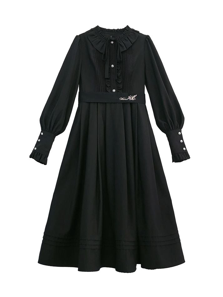 Ruffle Neckline Black Vintage Bishop Sleeves Dress
