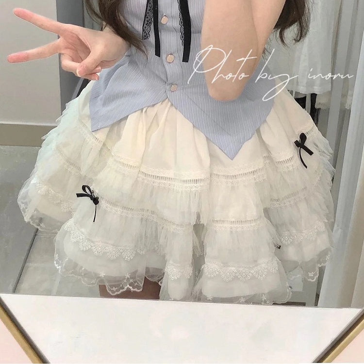 Bowknot Lace Trim Skirt Tiered Black White with Details