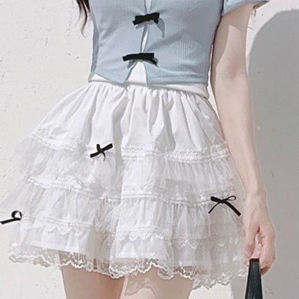 Bowknot Lace Trim Skirt Tiered Black White with Details