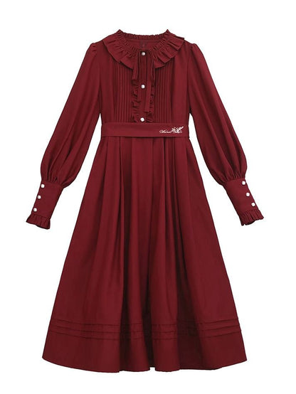 Ruffle Vintage Red Bishop Neckline Wine Dress Sleeves