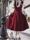 Pleat Overalls Skirt with Box Letters Embroidery Red