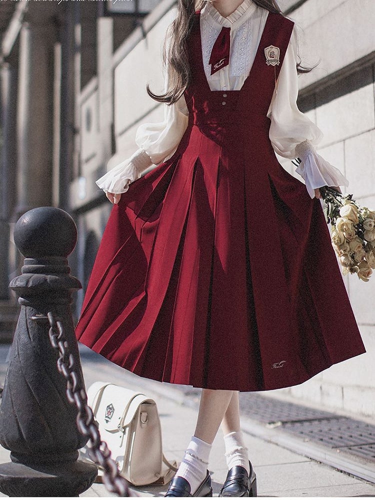 Pleat Overalls Skirt with Box Letters Embroidery Red