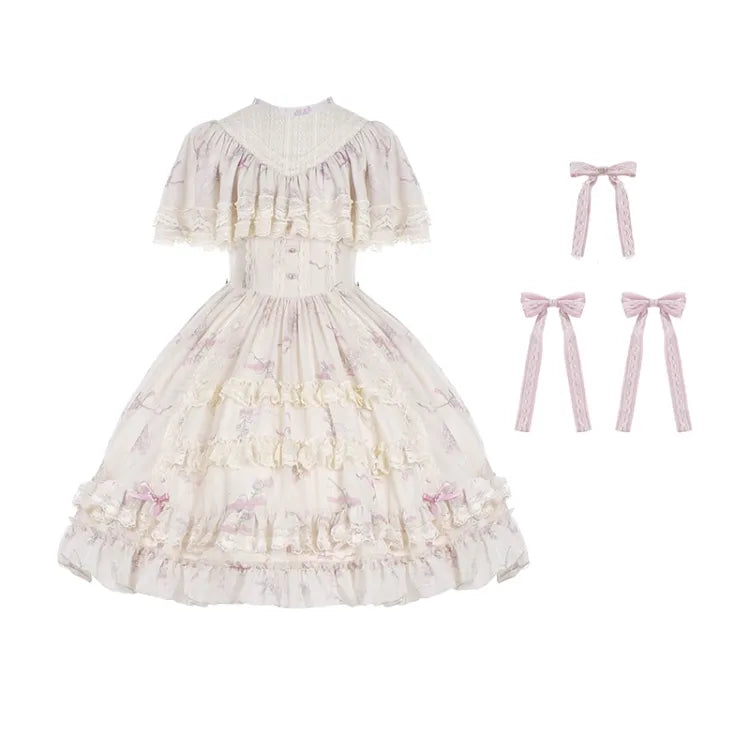 Kleid Lolita Klassisch Elegant Beige Glockenblumenhals Blumen Edward Print