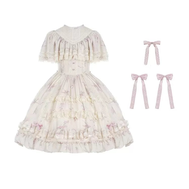 Elegant Full Print Set Edward Bluebell Dress Lolita OP Classic Beige Neck