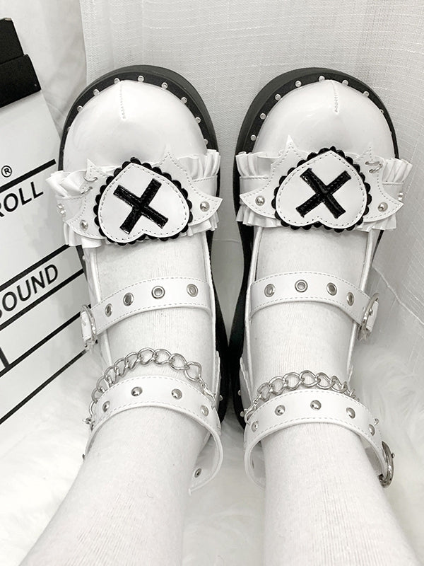 Sweetheart Sanctuary Herzförmige Schnallenriemen Kette Weiße Lolita-Plateaus
