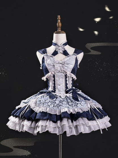 Dark Blue Corset Waist Qi Lolita Dress with Big Bow