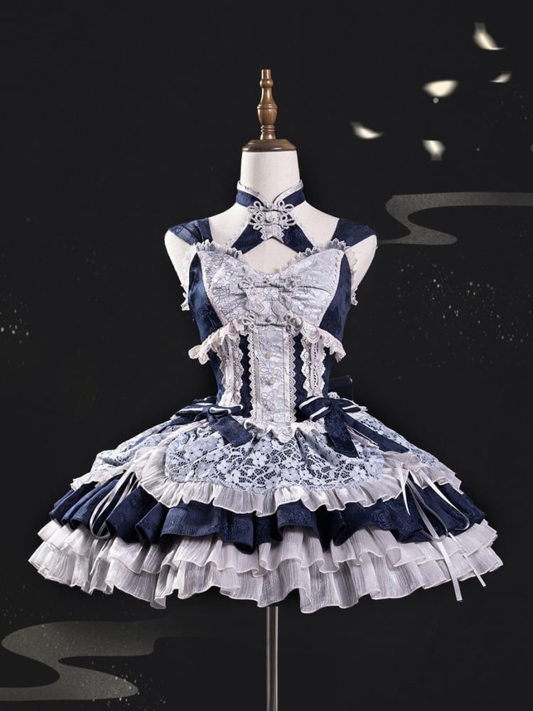 Dark Blue Banded Collar Halter Neck Tiered Drawstring Hem Lolita JSK Set