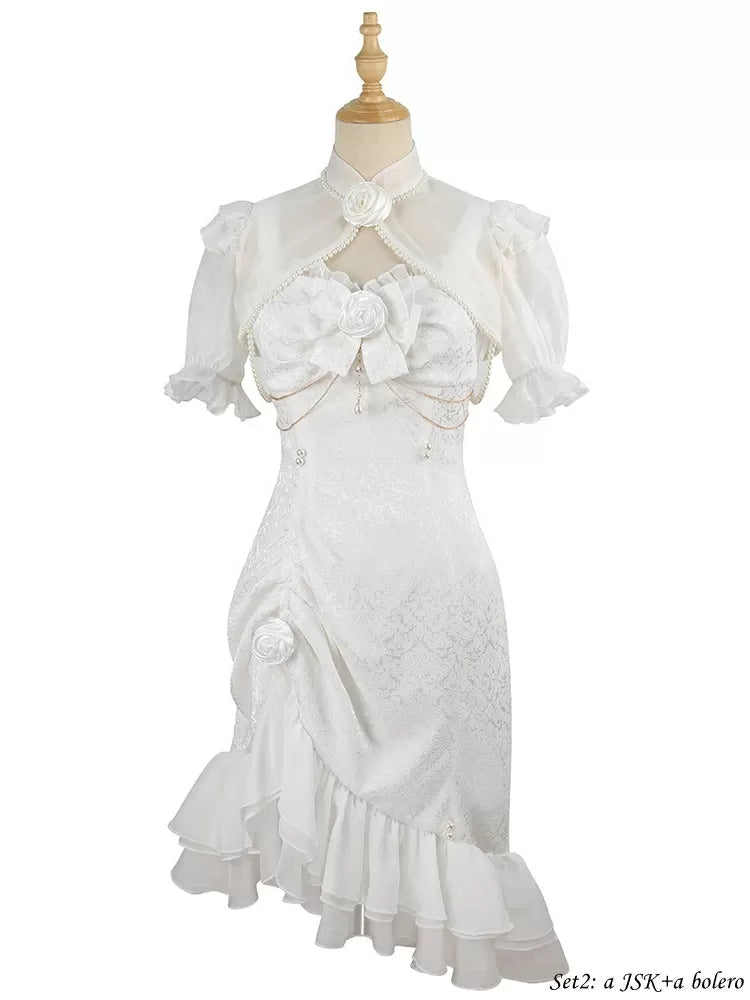 Rosendekoration Jacquard Saum Meerjungfrau Detail Rüschen JSK Weiß Lolita Perle Kamelie