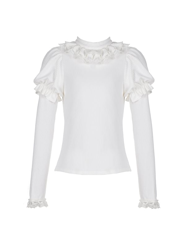 Bust S Trim White Clearance-Size Round Ruffle Neck Autumn Knitted for 90CM Souffle Top