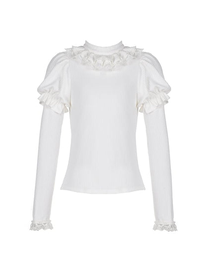 Bust S Trim White Clearance-Size Round Ruffle Neck Autumn Knitted for 90CM Souffle Top