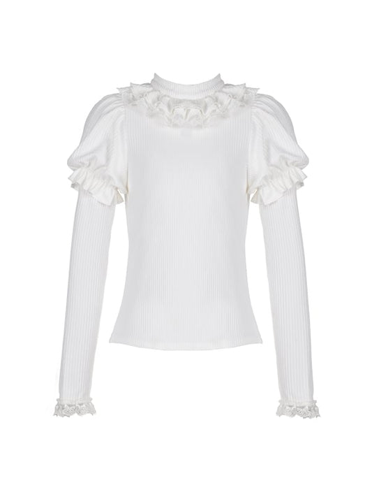 Bust S Trim White Clearance-Size Round Ruffle Neck Autumn Knitted for 90CM Souffle Top