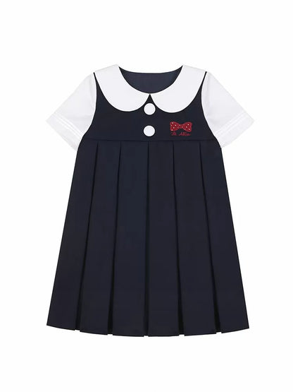 Dark Embroidery Blue Pan Collar Bowknot Peter Dress
