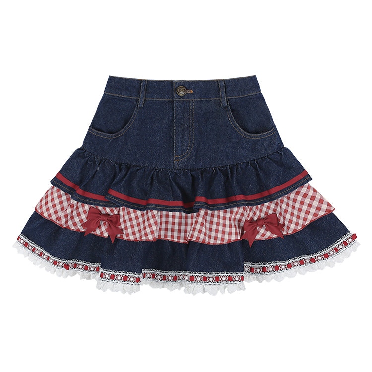 Marineblauer Spitzensaum mit Schleifenakzenten, gestufter Denim-Rock mit kariertem Patchwork