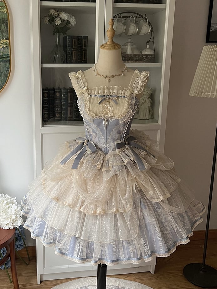 Skirt Corset Blue Boned Balletcore + Print Top Floral Lolita Princess
