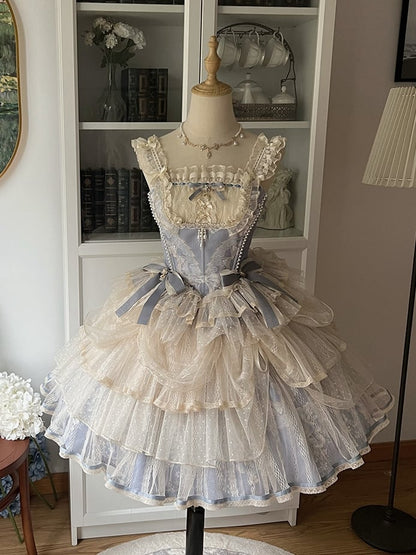 Skirt Corset Blue Boned Balletcore + Print Top Floral Lolita Princess