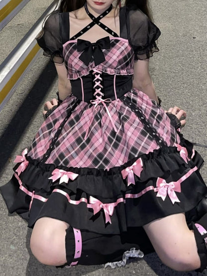 Neckholder-Kleid mit Schnürung und rosa Karomuster, einteilig, Idol-Kleid