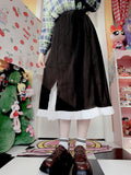 Side Waist Ruffle Shirring Black Skirt Slit Trim