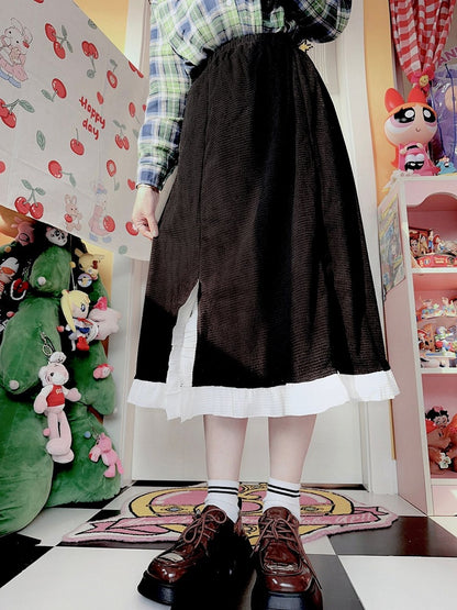 サイドウエストフリルシャーリングブラックスカートスリットトリム