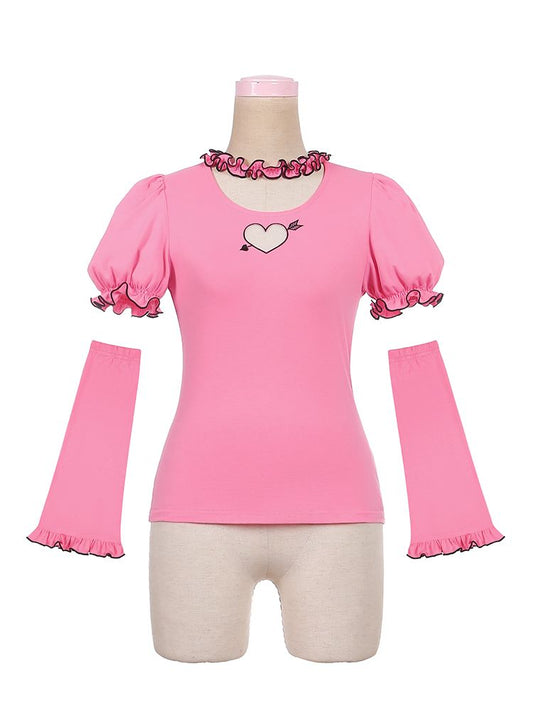 Rosafarbenes, herzförmiges Cutout-Top mit abnehmbaren Ärmeln