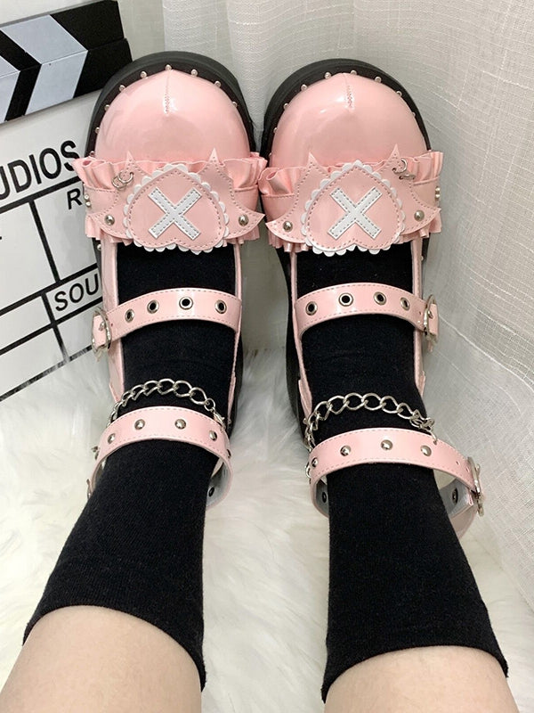 Sweetheart Sanctuary Herzförmige Schnallenriemen Kette Rosa Lolita Plateaus