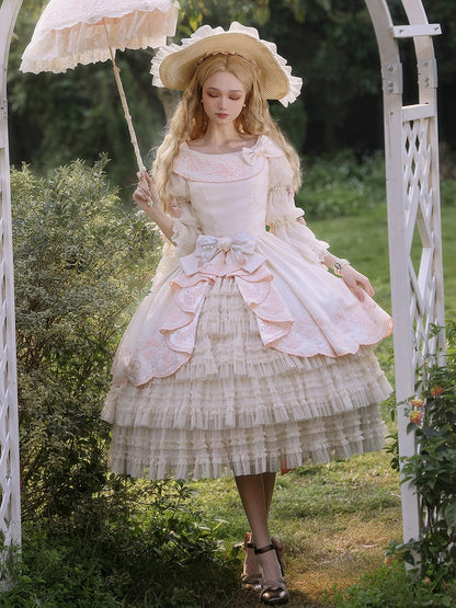 the Pink Lolita Embroidery Beige Classic with Elegant Valley of Lily Dress