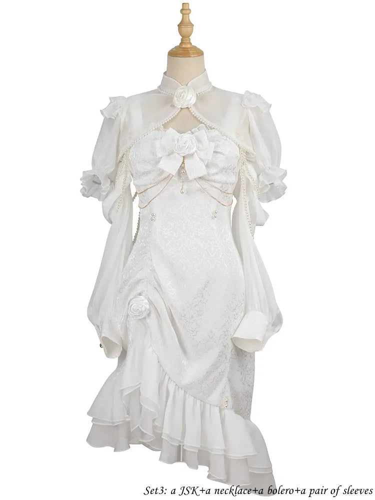 Rosendekoration Jacquard Saum Meerjungfrau Detail Rüschen JSK Weiß Lolita Perle Kamelie