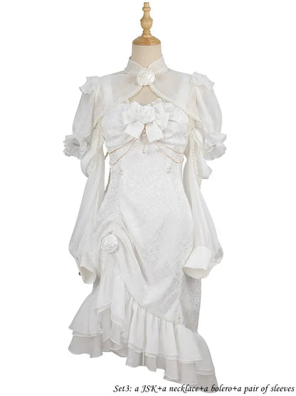 Rosendekoration Jacquard Saum Meerjungfrau Detail Rüschen JSK Weiß Lolita Perle Kamelie