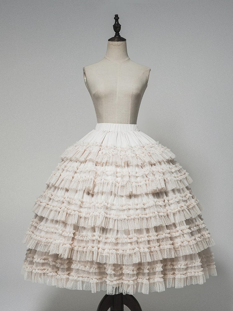 Waist Layered Lolita Skirt Under Beige Elastic Ruffles