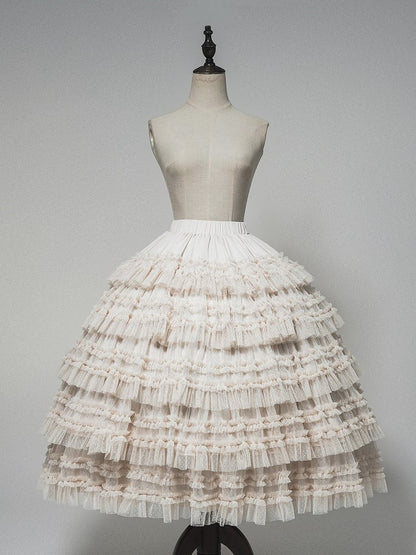 Waist Layered Lolita Skirt Under Beige Elastic Ruffles