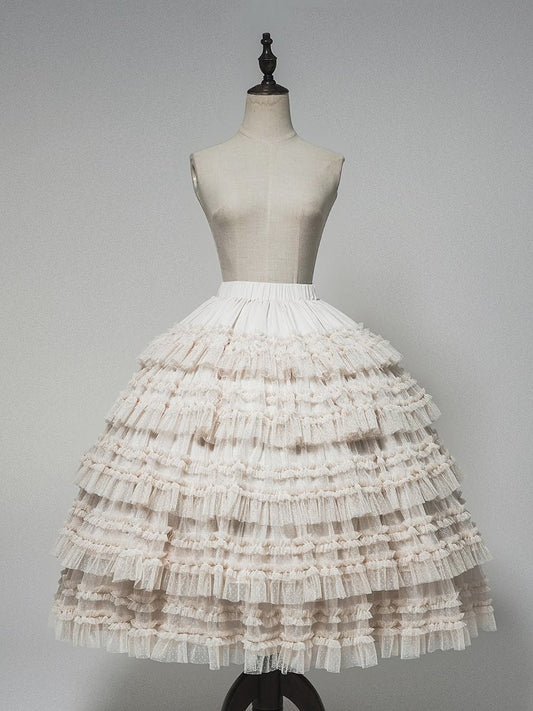 Waist Layered Lolita Skirt Under Beige Elastic Ruffles