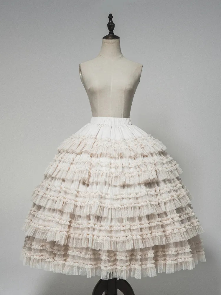 Ruffles Layered Beige Elastic Waist Skirt Under