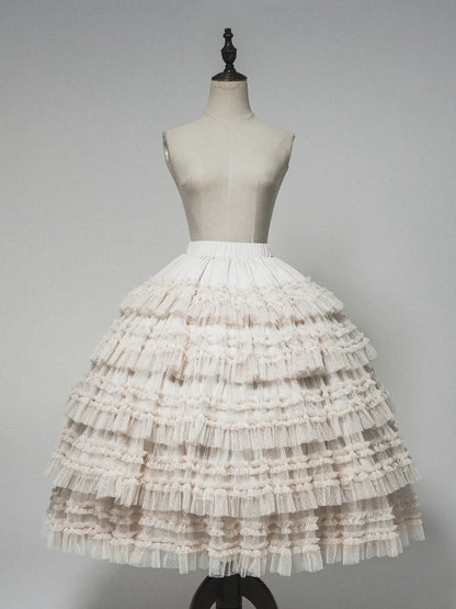Ruffles Layered Beige Elastic Waist Skirt Under