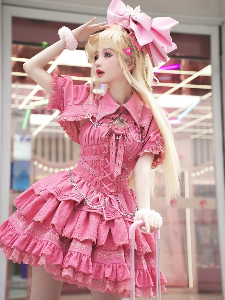 ピンクパンクゴスショートジャンパースカート 調節可能なクロスストラップウエスト