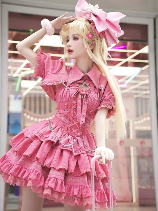 Pink Punk Goth Short Jumper Skirt Adjustable Criss-cross Straps Waist