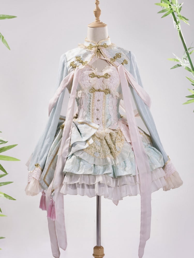 Light Green and Pink Chinoiserie Qi Lolita Corset JSK Set