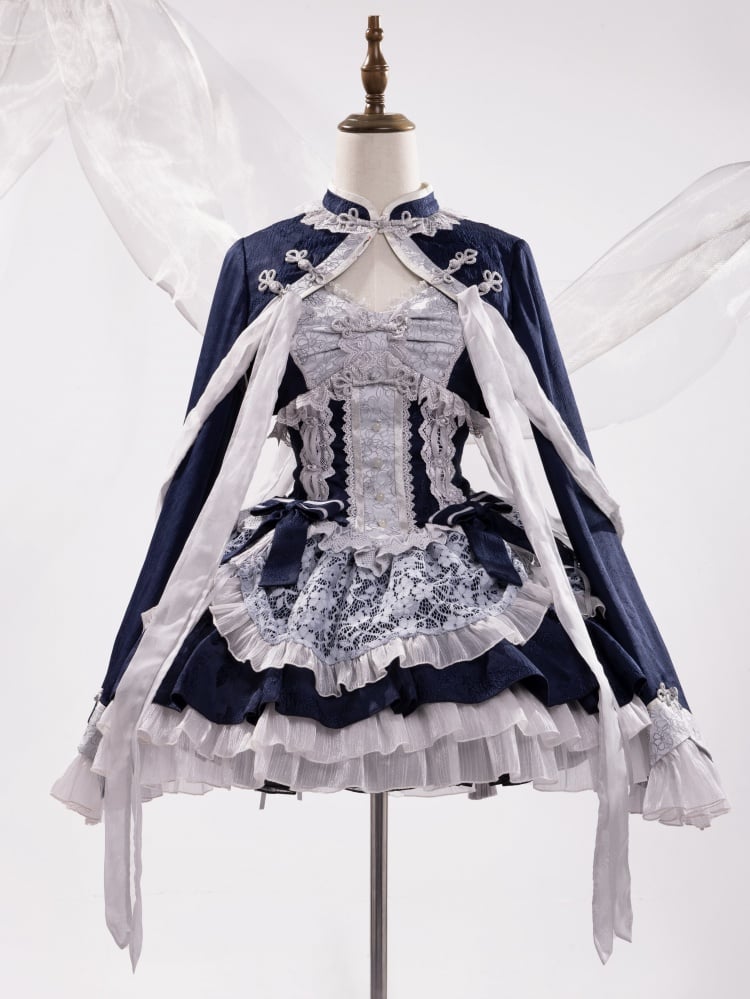 Dark Blue Banded Collar Halter Neck Tiered Drawstring Hem Lolita JSK Set