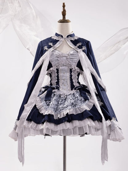 Dark Blue Banded Collar Halter Neck Tiered Drawstring Hem Lolita JSK Set
