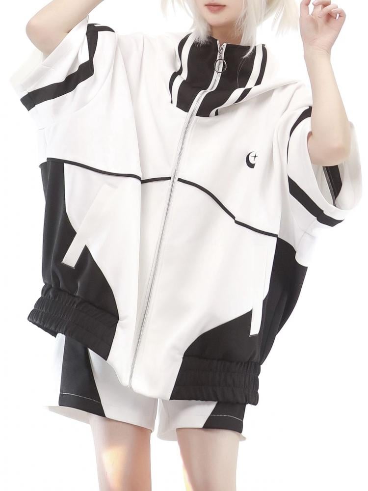 Black and White Full Zip Jacket Elbow-length Sleeves Jirai Kei Sweatershirt without Hoodie