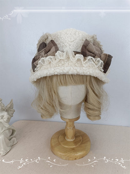 Plush / Trim Creamy Bucket Beige Bowknots Yellow Hat Lace Light