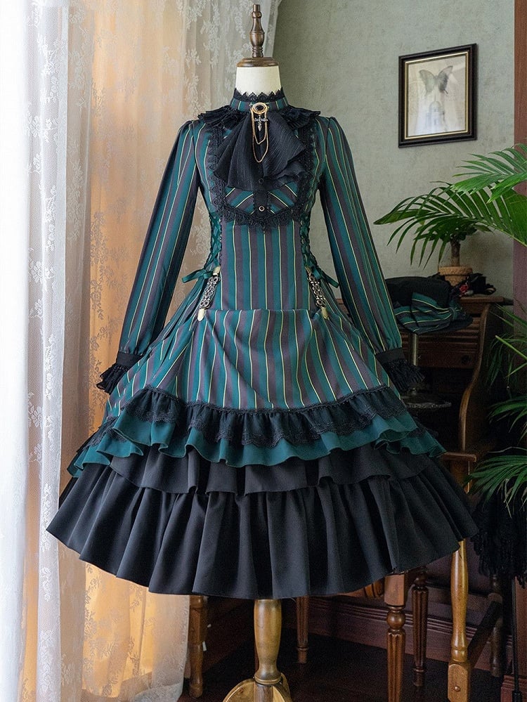 mit gestreifter Schnürung Gothic Petite Rüschenkragen Lolita Kleid Taille