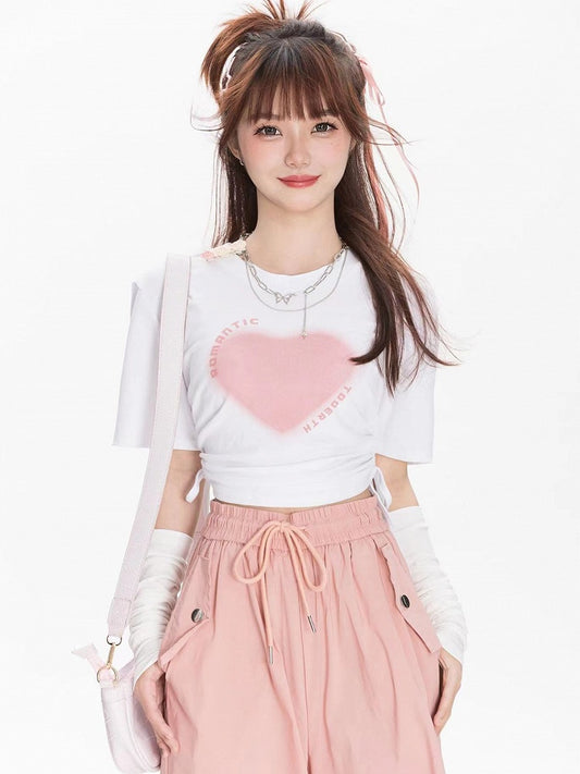 Print Design Drawstring Side Heart T-shirt White