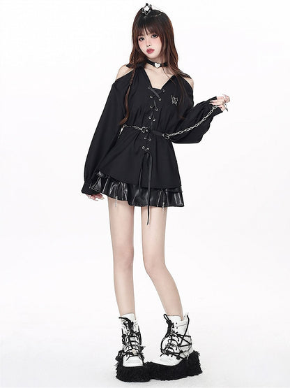 with Open-shoulder Free Lace-up Black Shirt Chain Waist